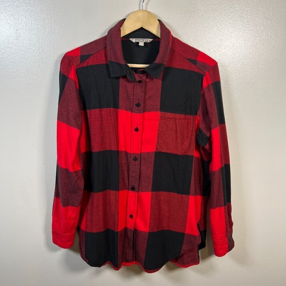 Athleta Heat Gen Flannel 2.0 Shirt Size Medium Canyon Red Black Buffalo Check